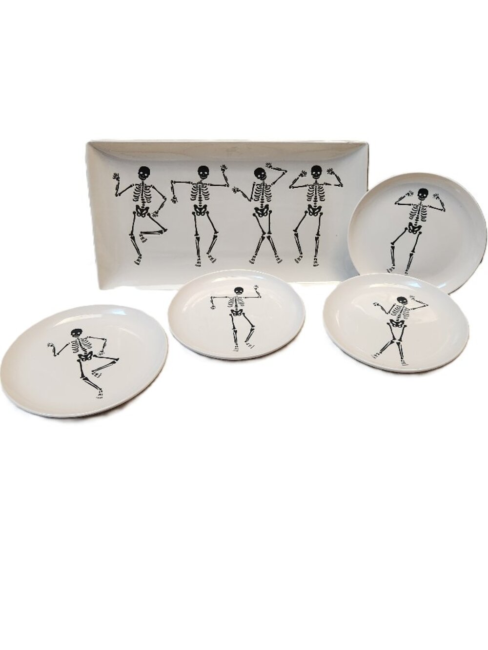 Dancing Skelton Serving Tray with Four (4) Matching Appetizer Plates - NEW NIB
